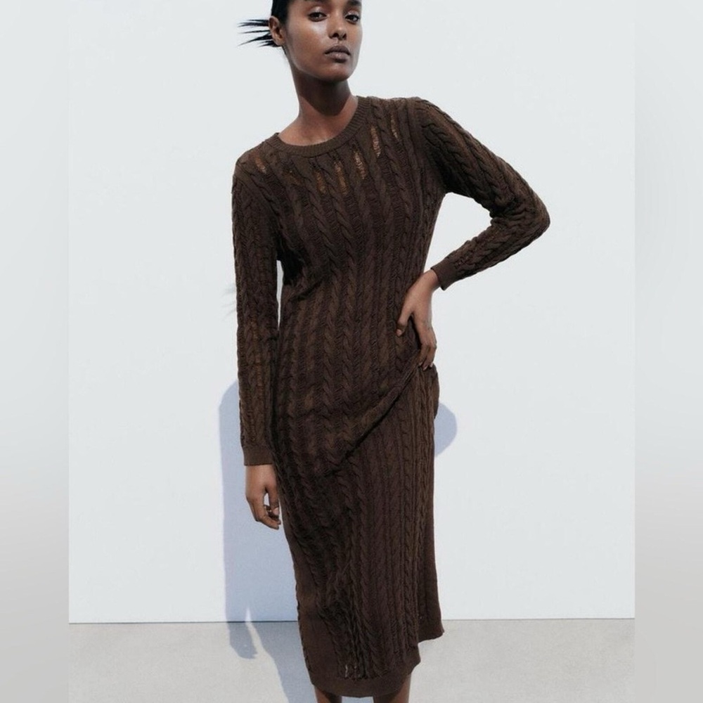 Zara Brown Ribbed Cable Knit Long Sleeve Sheath Dress Size Small